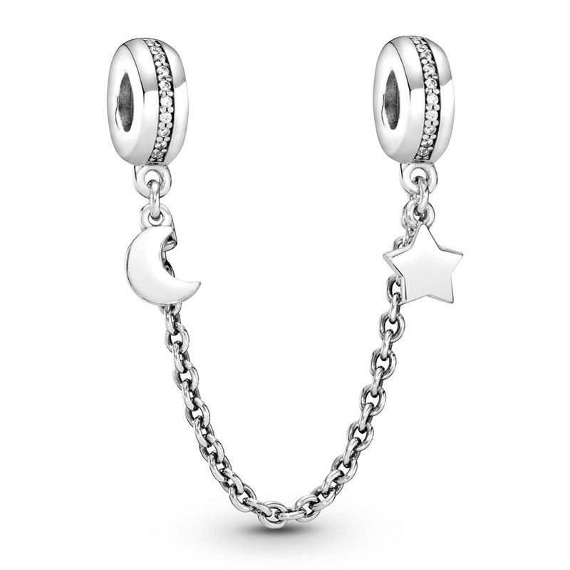 Half Moon & Star Safety Chain Charm Hallmarked S925 Sterling Silver