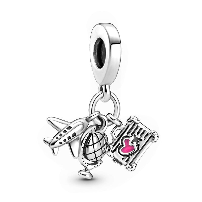 Airplane, Globe & Suitcase Travel Triple Dangle Charm Hallmarked S925 Sterling Silver