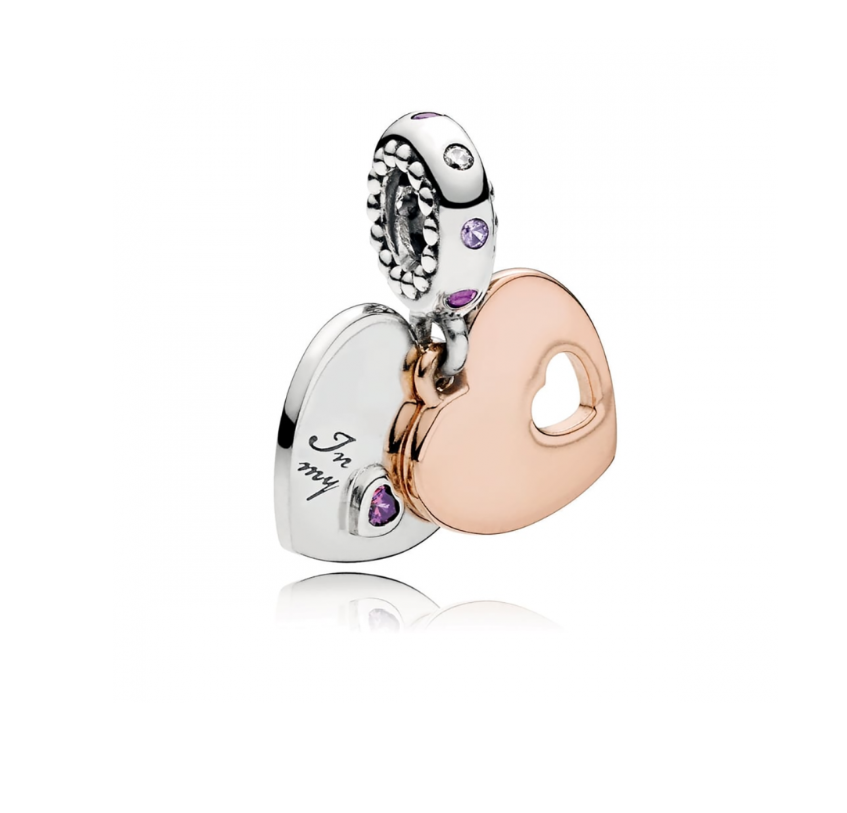 In My Heart Two-tone Double Hearts Dangle Charm Hallmarked S925 Sterling Silver