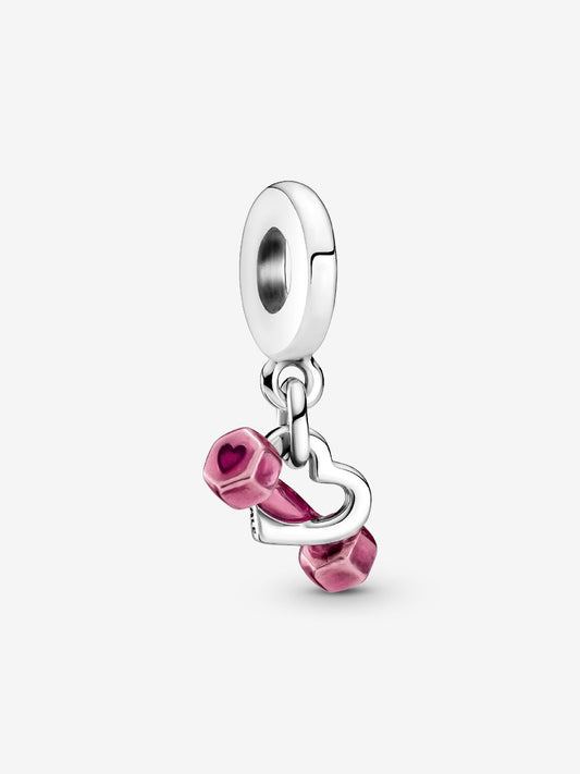 Dumbbell & Heart Dangle Charm Hallmarked S925 Sterling Silver