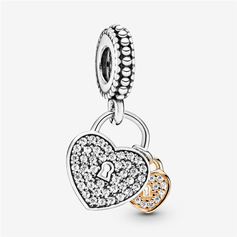 Double Love Heart Lock Charm Hallmarked S925 Sterling Silver