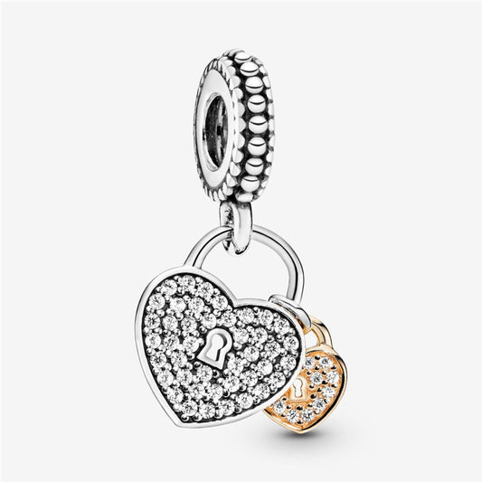 Double Love Heart Lock Charm Hallmarked S925 Sterling Silver