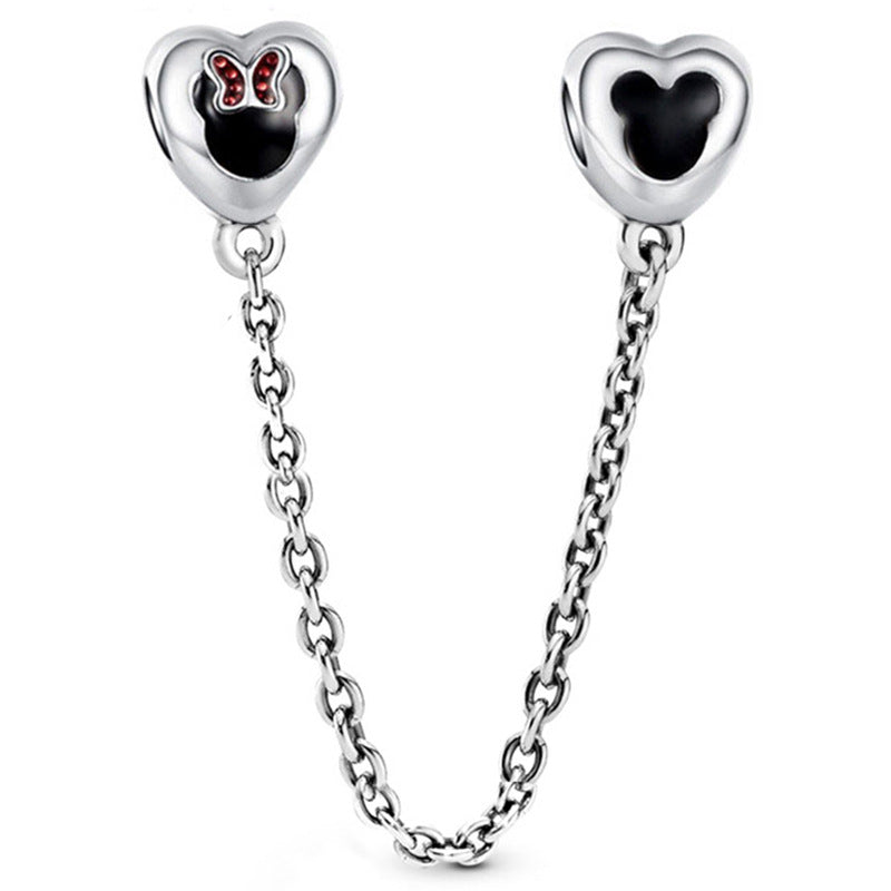 Mickey & Minnie Safety Chain Charm Hallmarked S925 Sterling Silver
