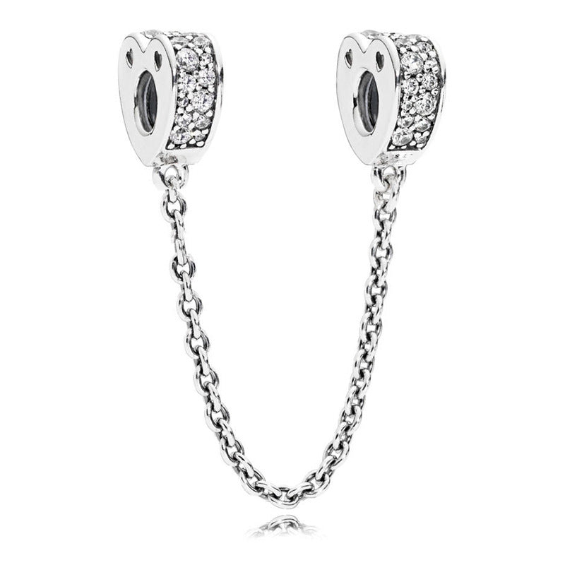 Sparkling Arc of Love Clear Pave Heart Safety Chain Charm Hallmarked S925 Sterling Silver