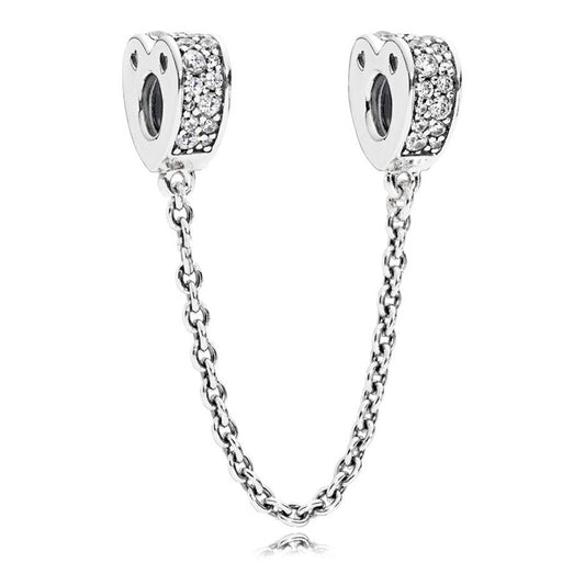Sparkling Arc of Love Clear Pave Heart Safety Chain Charm Hallmarked S925 Sterling Silver